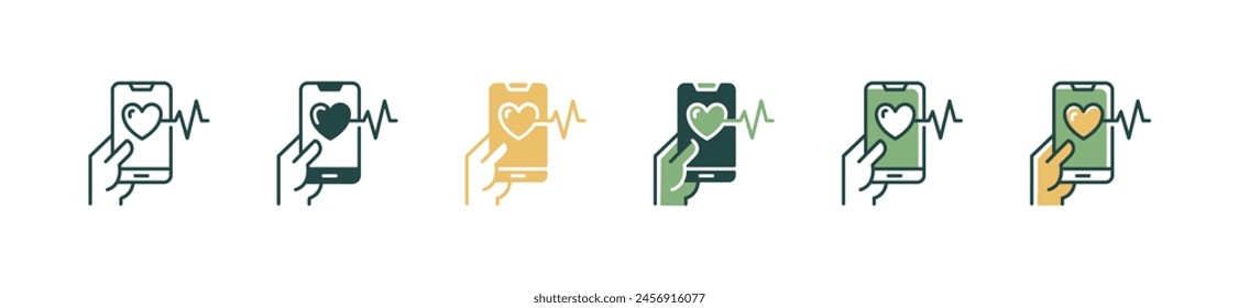 hand holding mobile cardiogram diagnosis icon set cardiology heartbeat monitoring heart pulse vector illustration life care media signs design