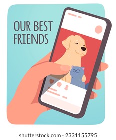 Hand holding mobile cell phone with pet app. Cute cat, dog animals on smartphone cellphone screen. Our best friends text, online application technology, social network sticker flat vector illustration