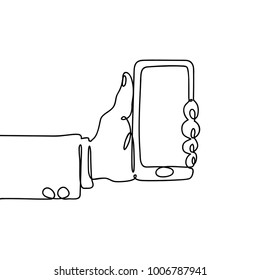 hand holding mobile continuous line vector