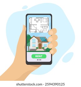 A hand holding mobile device with rent home app displaying blueprint of a house. Considering purchase of a property. Vector illustration for real estate platforms, showcasing rental properties