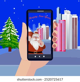 Hand holding a mobile device that shows on its screen Santa Claus passing through the city on New Year's Day. Congratulation text  Happy New Year is also seen on screen. Vector illustration.