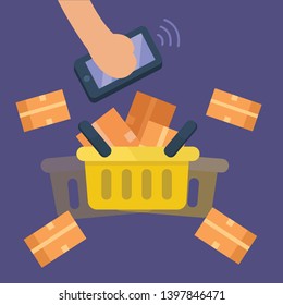 Hand holding mobile with full basket goods, grocery. Online shopping concept. Flat vector illustration
