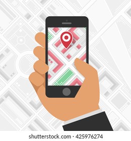 Handhalten von Mobiltelefonen mit GPS-Navigation. Mobile GPS Navigation mit Karte und Symbol. Mobile GPS-Navigationskonzept. Konzept mobile GPS Navigation Vektorgrafik. Mobile GPS-Navigationstechnologien. 