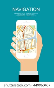 Hand holding Mobile with Gps Navigation with map and pin.