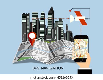 Hand holding Mobile with Gps Navigation map on screen. Flat style design of web banner template for website or infographics, mobile navigation GPS system.
