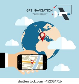 Hand holding Mobile with Gps Navigation map on screen, with globe and clouds . Flat style design of web banner template for website or infographics, mobile navigation GPS system.