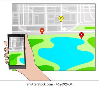 Hand holding Mobile with Gps Navigation and map with icon. concept vector illustration.
