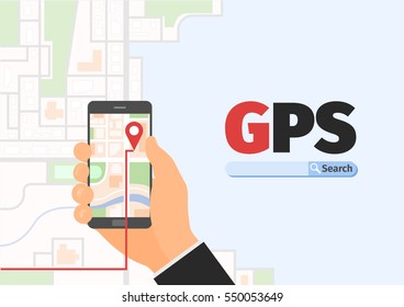 Hand holding Mobile with Gps Navigation, map and icon search. Vector illustration. 