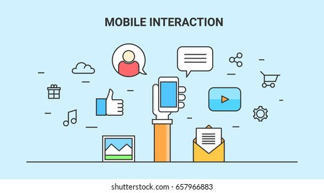 Hand holding mobile, interaction with mobile applications flat outline vector concept