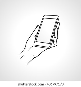 Hand Holding Mobile, line art drawing, front view. Vector illustration
