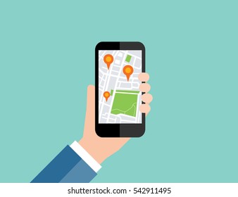 Hand holding mobile with map location navigation.flat vector