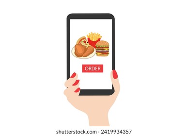 Hand holding mobile with online order fast food screen background isolated vector illustration. Fast food online order service background