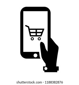 Hand holding mobile - online shopping icon vector black