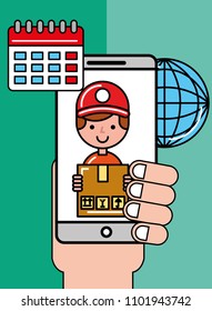 hand holding mobile operator box world logistic and delivery
