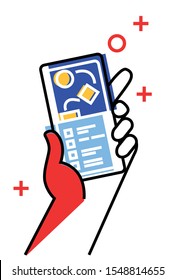 Hand holding mobile phon abstract app on display.