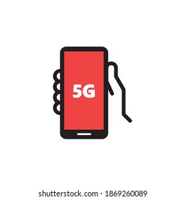 Hand holding mobile phone with 5g symbol on the screen. Vector icon. Connectivity and communication symbol.
