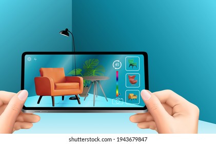 Hand holding mobile phone with AR application used to simulate furniture interior products design living room in 3D virtual home reality. And can adjust the view, patterns, color adjustments realistic