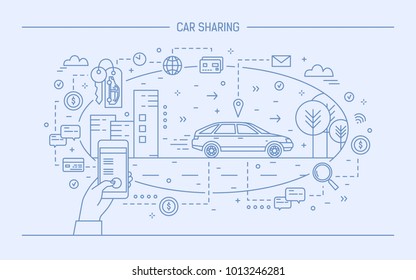 Hand holding mobile phone and automobile on city street. Concept of car sharing and electronic rental service or carsharing application. Monochrome vector illustration drawn with blue contour lines.