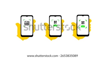 Hand holding Mobile phone with barcode scanner for pay, web, mobile app, promo. Vector illustration. Mobile Scan vector icons. Scanning of Codes and Objects. 