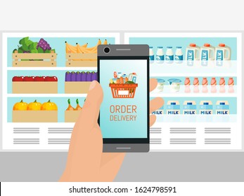 Hand Holding Mobile Phone With Basket On The Screen Vector Illustration. Supermarket Grocery Delivery Service Application. Online Groceries Shopping.