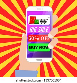 Hand Holding Mobile Phone With Big Sale Banner