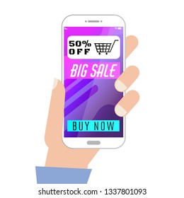 Hand Holding Mobile Phone With Big Sale Banner
