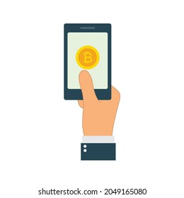 hand holding a  mobile phone with Bitcoin icon. Cryptocurrency symbol. cryptocurrency icon.  Blockchain-based secure cryptocurrency. 