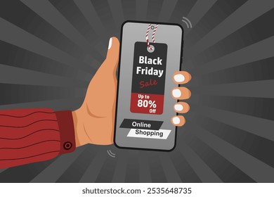 Mão segurando um telefone celular com uma propaganda de venda Black Friday na tela. Ilustração vetorial.