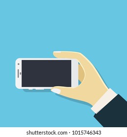 Hand holding mobile phone   blank screen  vector illustration