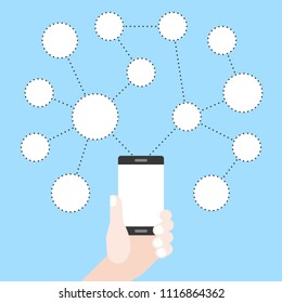 Hand holding mobile phone with blank circle social network graph, flat design