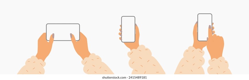 Hand holding mobile phone with blank screen in flat style isolated Hand holding mobile phone with blank screen in flat style isolated