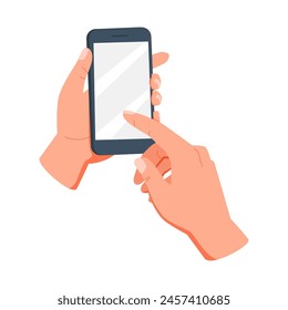 Hand holding a mobile phone with blank screen on white background. Finger touching. Hand holds smartphone.