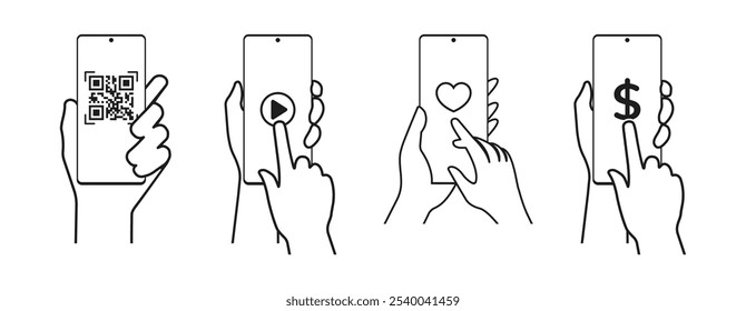 Mão segurando o telefone celular com tela em branco no estilo de linha no fundo transparente. Tela de toque do dedo com QR code, como, botão de jogo, dinheiro e pagamento on-line