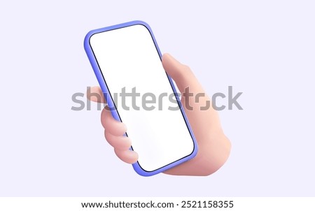 Hand holding mobile phone blank white screen on purple background. Communication, Social media. Online technology, Application, Internet. Hand using mobile phone mockup. 3D Cartoon Vector illustration