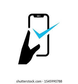 hand holding mobile phone with blue check symbol of correct okay vector icon illustration