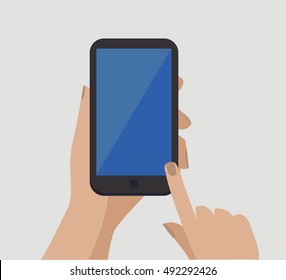 Hand holding mobile phone with blue screen. Vector 10 eps illustration. Cell phone isolated.
