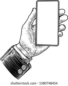  A hand holding a mobile phone in a business suit in a vintage old woodcut etching style