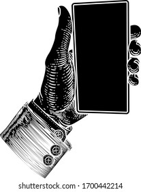  A Hand Holding A Mobile Phone In A Business Suit In A Vintage Old Woodcut Etching Style