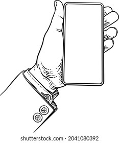 A Hand Holding A Mobile Phone In A Business Suit In A Vintage Old Woodcut Etching Style