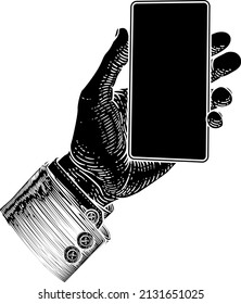 A hand holding a mobile phone in a business suit in a vintage old woodcut etching style