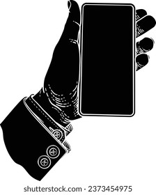 A hand holding a mobile phone in a business suit in a vintage old woodcut etching style