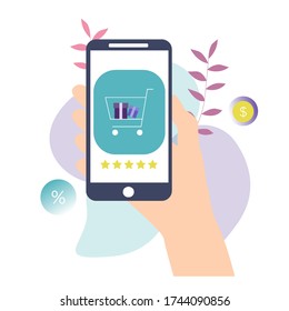 Hand holding mobile phone with buying page on screen. Cart with gifts five stars review. Online shopping, web store app. Shopping on distance. Isolated vector illustration