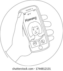 Mano sosteniendo teléfonos móviles llamando a mamá usando un smartphone. El concepto del día de la madre y los valores familiares. amor por los padres. Diseño plano vectorial sobre fondo blanco.