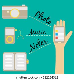 hand holding a mobile phone, camera, music player, notebook book