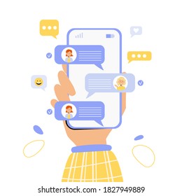 Hand holding mobile phone with chat, messages and people avatars, typing, likes, emoji icons. Communication concept. Vector illustration in flat style for web sites, applications, banners