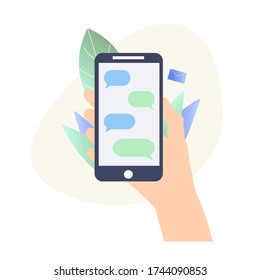 Hand holding mobile phone and chatting. Online chat, messaging app. Relations on distance. Stay home concept. Isolated vector illustration
