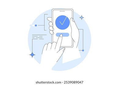 Hand holding mobile phone with Check mark. Tick on smartphone screen. Character finger. Completed task, done payment. Business concept. Isolated Vector Illustration, icon. Stylish, Minimalist line