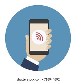 Hand holding mobile phone in circle
