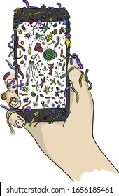 hand holding mobile phone with colorful germs vector illustration sketch doodle hand drawn with black lines isolated on white background