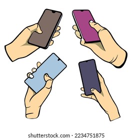 Hand holding mobile phone with colorfull screen set in flat style  